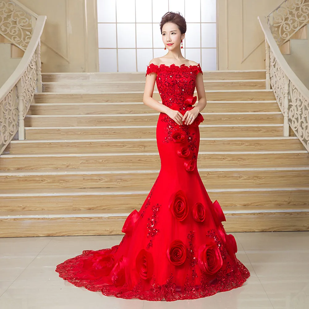 

Red Bridal Dress Off Shoulder Slim Fit Mermaid Long Tail Lace Wedding Dress