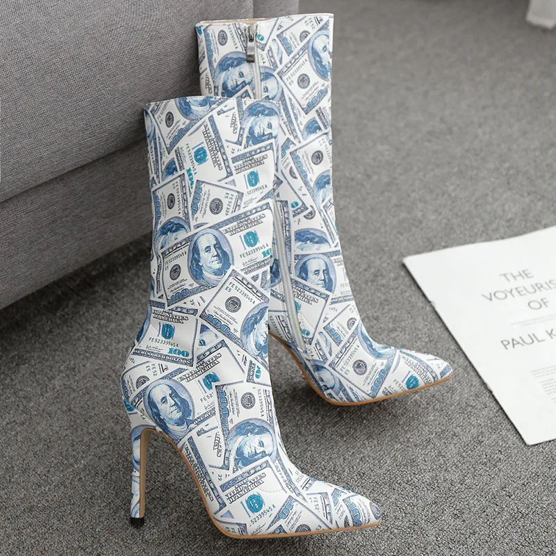 Botas mujer invierno/2019 г. Модные ботинки до середины икры с острым носком кожаные на