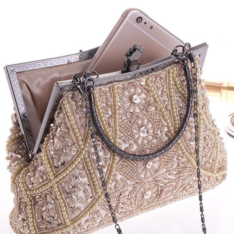 Online 2018 luxus Marke Handtaschen Frauen Designer Leder Vintage Perle Pailletten Abend Tasche Geldbörse Für Hochzeit Partei Bankett