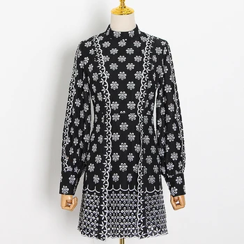 

HIGH STREET New Fashion 2020 Summer Designer Runway Dress Women's Stand Collar long Sleeve Hollow Out Embroidery Dress