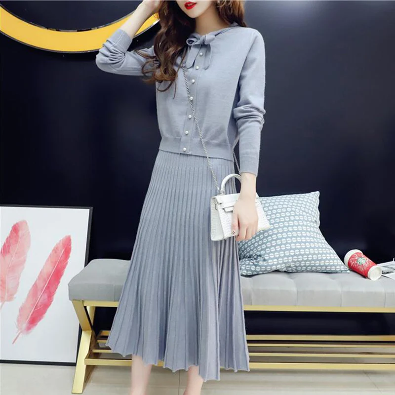 

2019 New Elegant Autumn Women Knitting 2PCS Set Bow Tie Pullover Sweater + Knit Pleated Skirt 2 Pieces Sets Knit Matching Suits