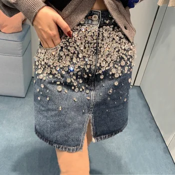 

Women Beading Blue Denim Mini Skirt Or Denim Jacket 2020 New Autumn Winter Long Sleeve Turn-down Collar Short Coat