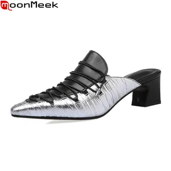 

MoonMeek 2020 New Brand summer high heels shoes top quality sheepskin women slippers fashion mixed color causal mules shoes