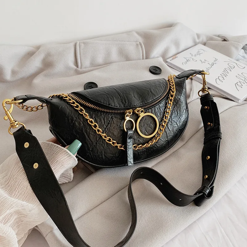 

New pockets shoulder diagonal package Korean fashion tide female ins retro chain bag wide shoulder strap saddle bag