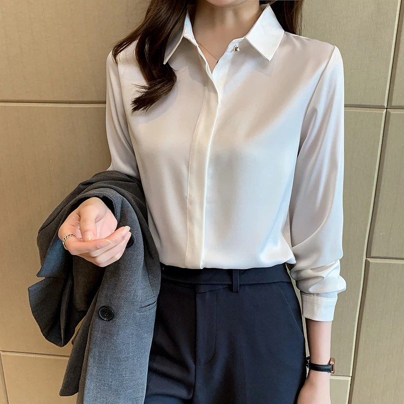 2022 Autumn Satin Women's Shirts Fashion Silk Button Solid OL Elegant Ladies Tops Long Sleeve Blouse Basic Women Shirts Blouses