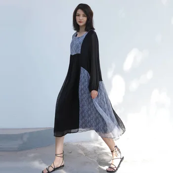 

Korea 2020 Spring fashion new large size loose dress asymmetric stitching chiffon round neck lantern sleeve trend cloth PC895