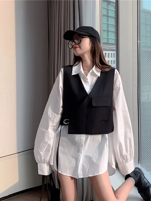 

Korean-style Loose White Shirt Women's Vintage Hong Kong Flavor Sense of Design Non-mainstream Shirt V-neck Waistcoat Two-Piece