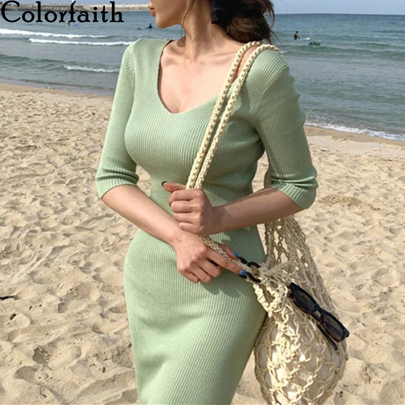 Colorfaith New 2020 Summer Autumn Women Dresses V-neck Knitting High Waist Bottoming Elasticity Vintage Sexy Long Dress DR3256 Colorfaith New 2020 Summer Autumn Women Dresses V-neck Knitting High Waist Bottoming Elasticity Vintage Sexy Long Dress DR3256