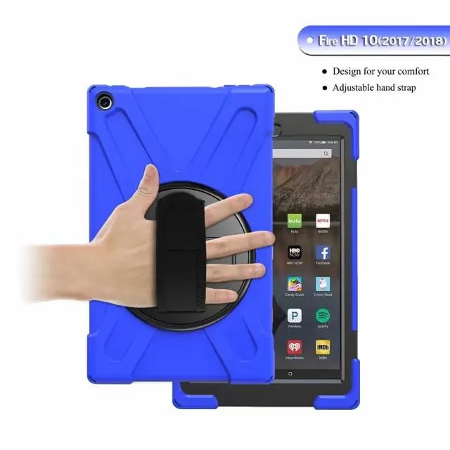 

For Amazon Fire HD 10 2017 2018 Case Shockproof Drop Resistance silicon PC Stand Cover Funda With Hand Strap / Aiguillette + Pen