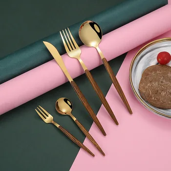 

5pcs Wooden Tableware Cutlery Set 304 Stainless Steel Fork Spoon Knife Set Vintage Gold Dinner Dinnerware Set Free Shipping
