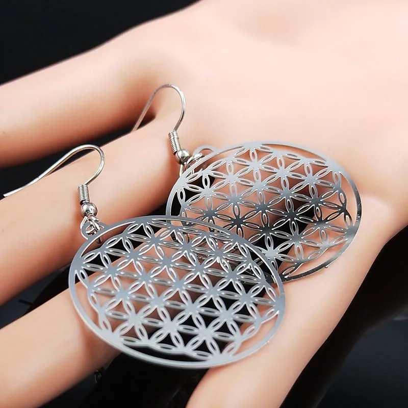 Flower of Life Stainless Steel Dangle Earrings Women Silver Color Earring Jewelry joyas de acero inoxidable para mujer E1558S02