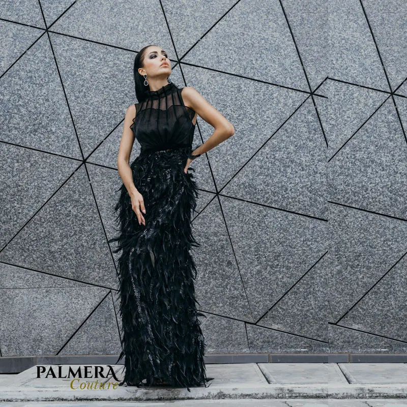 

Palmera Couture sleeveless feathers dress Sequin floor length Evening party luxury Dress yz20190005