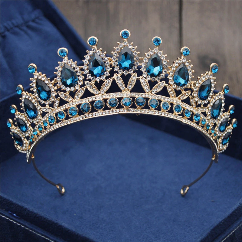 Vintage Blue Crown Crystal Bridal Gold Tiara Wedding Rhinestone Hair Accessories 