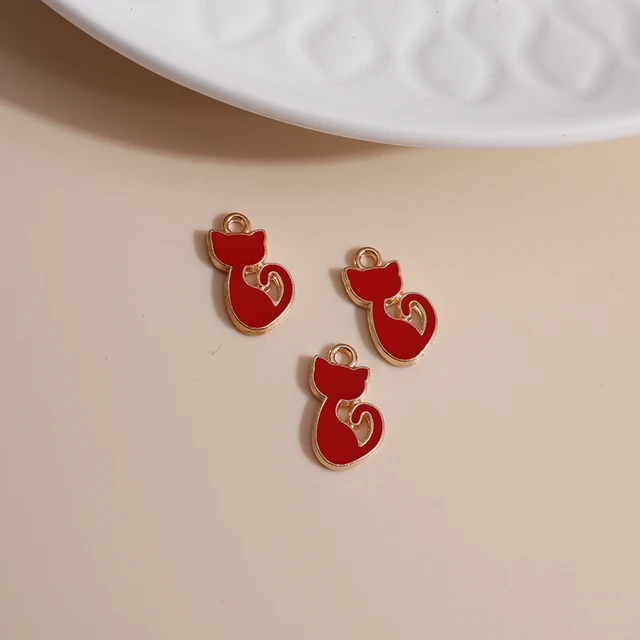 10pcs/lot 6*14mm Cartoon Cat Charms DIY for Necklaces Pendants Earrings Making Cute 5 Color Enamel Girl Charms Jewelry Findings Red