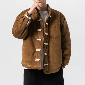 

Male Vintage Streetwear Cargo Coat Outerwear Men Winter Thick Warm Corduroy Solid Cotton Padded Jacket Short Parka
