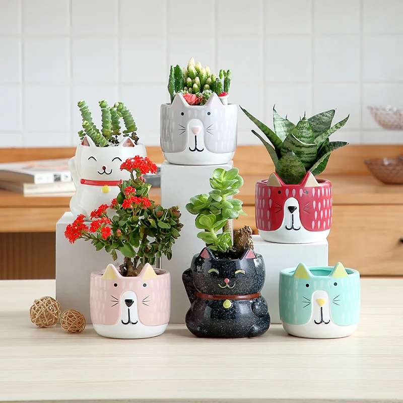 

Cartoons Cat Flower Pot Animal Ceramics Flowerpot Cute Vase Cactus Succulents Plants Potted Flower Arrangement Home Decoration