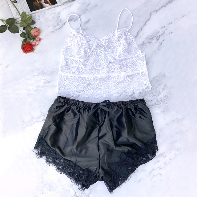 Lingerie Set Women Lace Trim Cami Tops Satin Bow Sleepwear Transparent Bra Set Sleeveless Deep V Hot Erotic Underwear Set