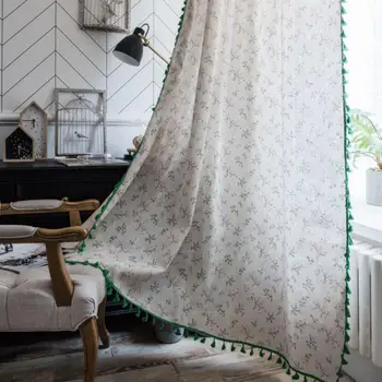

Classy Small Flowers Green Curtains with Tassel Trim Window Curtain Half Blackout Bedroom Cotton Linen Cortinas Home Decor ZC122