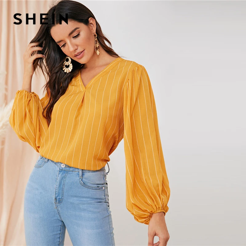 SHEIN Yellow V Neck Striped Autumn Elegant Blouse Top Women Spring Autumn Bishop Sleeve Office Ladies Basic Blouses