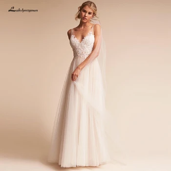 

Lakshmigown Simple A Line Wedding Dress V Neck Back 2019 Robe de Soiree Sexy Long Train Bridal Beach Wedding Dresses Lace Top