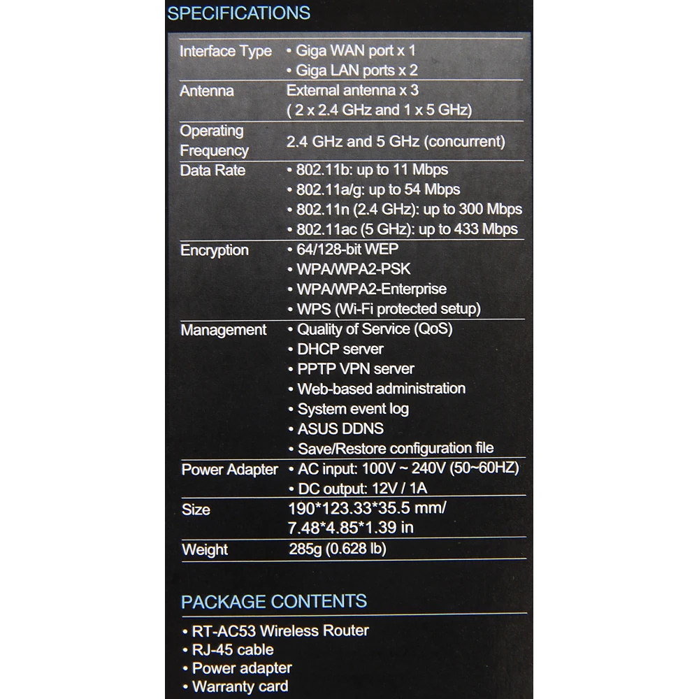 Роутер беспроводной Asus RT-AC53 AC750 10/100/1000BASE-TX черный