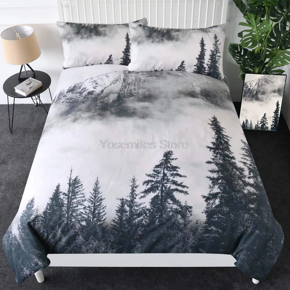 king comforter sets Sleepwish Smoky Mountain Bedding Forest Duvet Cover 3 Pieces Grey Trees Natural Scenery Art Bedspread Nature Lover Gift (Queen) Bedding Sets medium