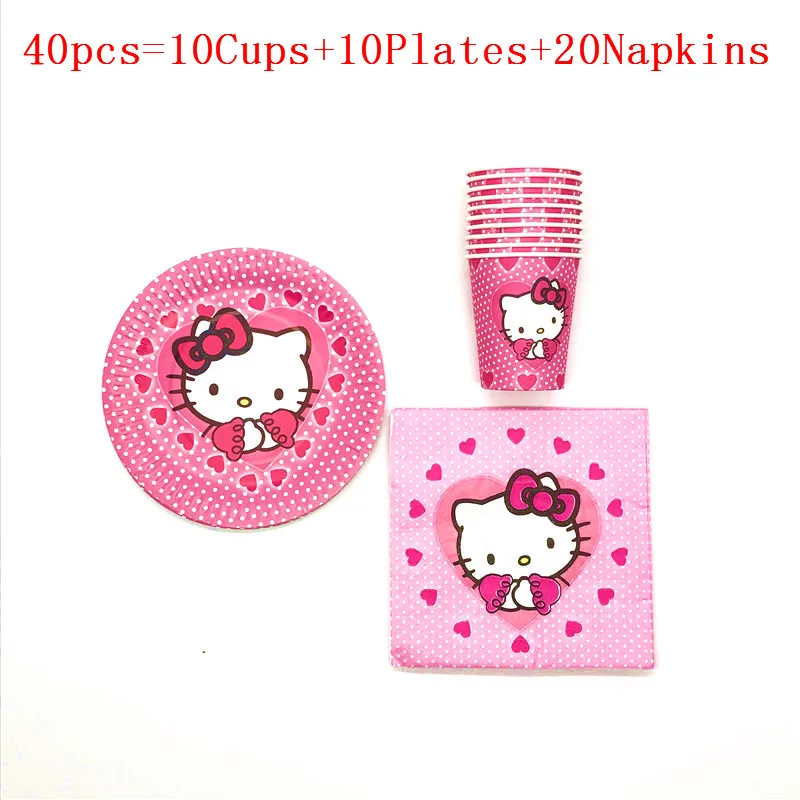 40 шт/60 шт мультфильм hello kitty тема девушка день рождения свадьба бумажный стаканчик+ тарелка+ салфетка события вечерние набор бумажной посуды поставка