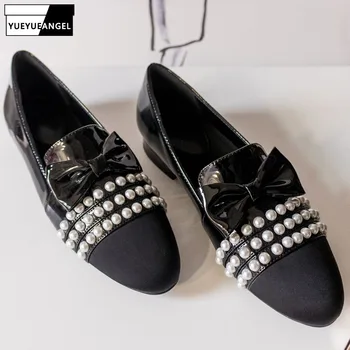 

Designer Original Pearl Flats Mocassin Femme Bow Sweet Retro Ladies Shoes Luxury Brand Comfortable Slip-On Footwear Loafers 2019