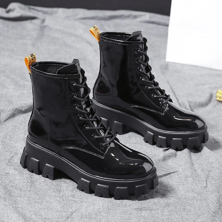 Women Motorcycle Ankle Boots Wedges Punk Boots Female Lace Up Platforms Winter Boots Patent Leather Ankle Boots For Women Shoes