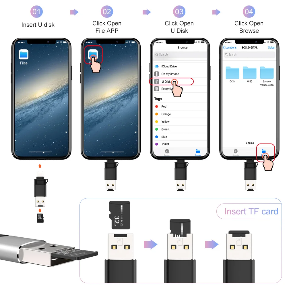 3в1 OTG адаптер для iPhone 11 Pro XS max X 8 7 6 6s Plus lightning на USB SD кардридер камера u диск