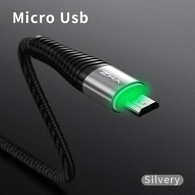 Silver YKZ 3A светодиодный Micro USB кабель для быстрой зарядки Microusb дата кабель для samsung huawei Xiaomi шнур Android мобильный телефон - Цвет: Silver