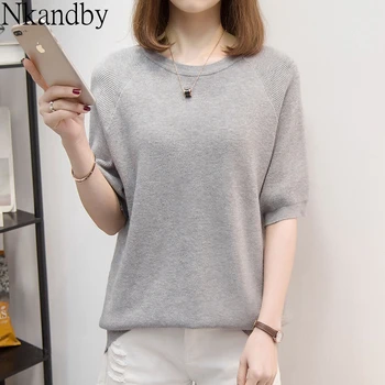 

Plus Size Knit Tops Women 2020 Spring Summer Fashion Short Sleeve Loose T-shirt Oversized Solid Color Tshirts Korean Knitwear