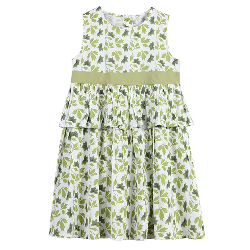 

3 to 12 years kids & big girls summer leaves print sleeveless vest flare dress children girl fashion casual dresses clothes