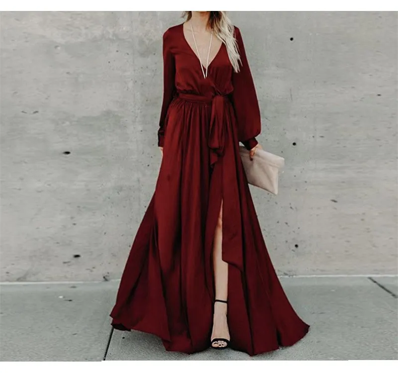 

Fashion 2019 Elegant V Neck Evening Party Gowns Long Sleeve Maxi Splits Dress Sexy Casual Beach Dress Vestidos
