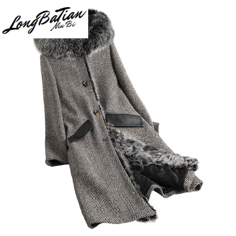 Женское пальто из натурального овечьего меха длинное теплое твидовое шерстяное