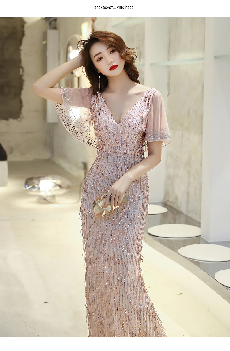 AE490 розовые винтажные женские платья вечернее платье 2019 Новое поступление платье с v-образным вырезом и блестками Элегантные женские