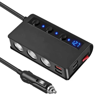 

12V 3-Socket Car Cigarette Lighter Splitter Power Adapter with Single Switch LED Voltage Display DC Outlet 4-Port USB Charger