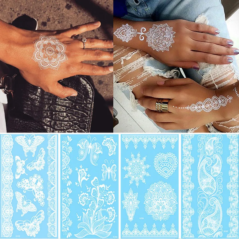 

Henna Mehndi Lace Tattoo Sticker White Lace Necklace Flower Left Temporary Tattoo Sticker Body Art Paint Waterproof For Wedding