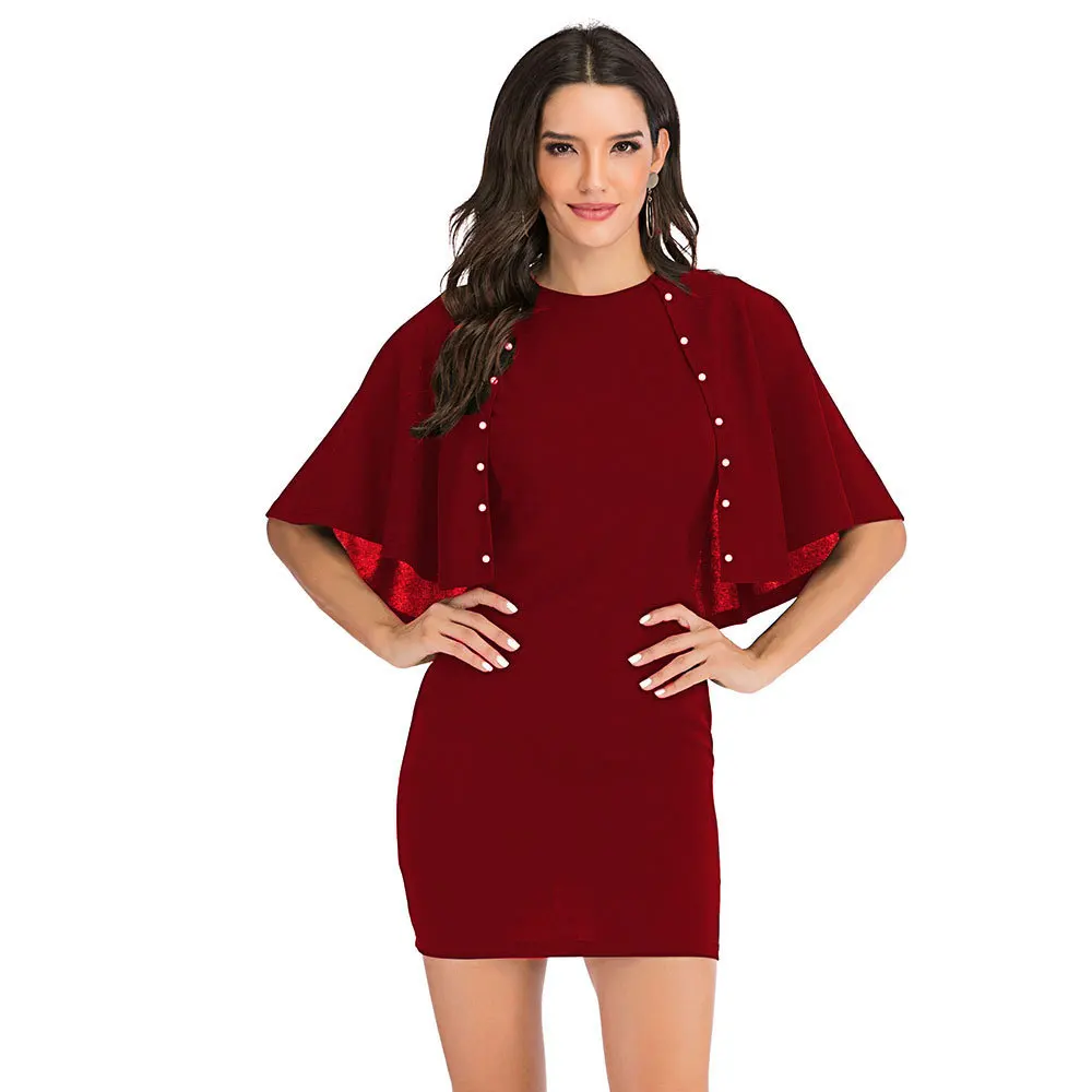 Твердые Бисероплетение с коротким рукавом Bodycon мини-платье женское круглый вырез повседневное короткое платье Рабочая одежда - Цвет: Бургундия