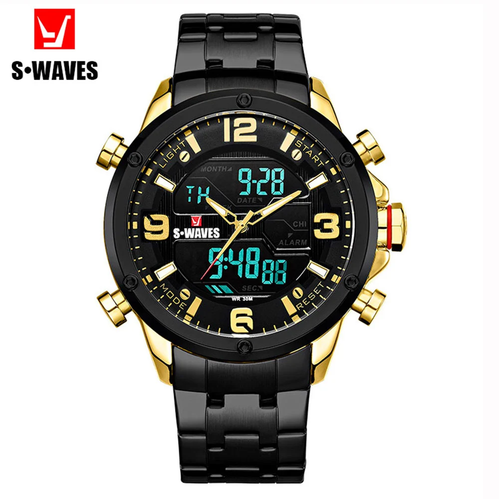 

Luxury Dual Display Wristwatch Mens SWAVES Quartz Alarm Clock Gold Black Watch Men Sport Waterproof Stainless Steel Reloj Hombre