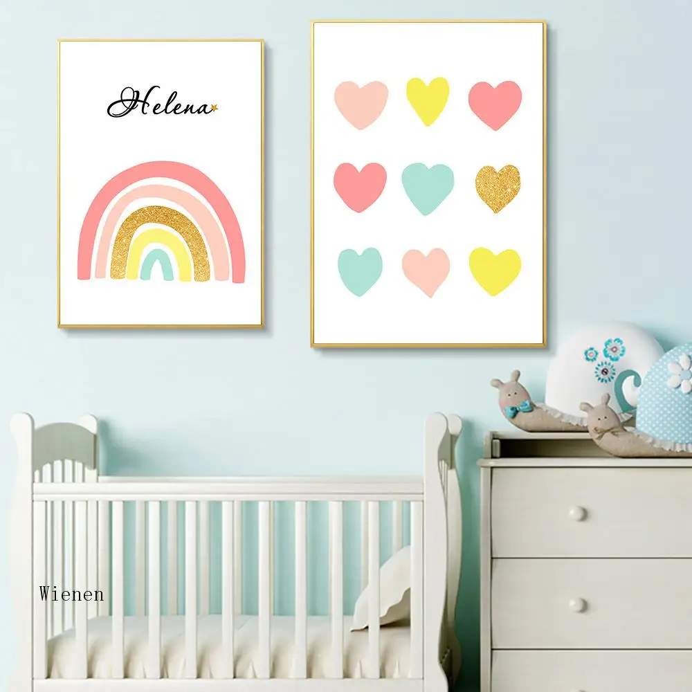 

Nordic Nursery Rainbow Canvas Painting Poster Watercolor Custom Name Print Pink Heart Poster Baby Kids Room Picture Wall Decor