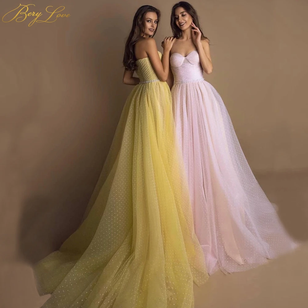 Online BeryLove Helle Gelb Prom Kleid 2020 Rosa Dot Tüll A line Lange Party Kleid Formale Letztere Ärmeln Elegante Kleider Vestido