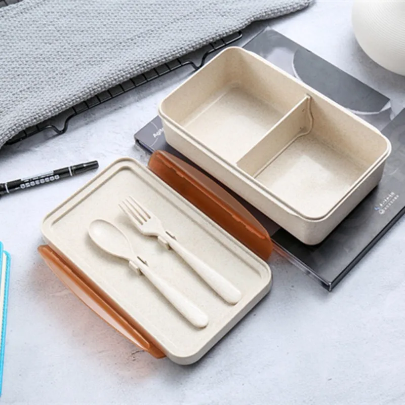 

Wheat Straw Lunch Box With Spoon Fork Sealed Lunch Box Set Square Lunch Bento Box For Students