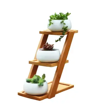 

Simple Creative White Succulent Plant Flower Pot Holder Ceramic Decorative oblate Flower Pot & Three-layer Bamboo Shelf Pot Set