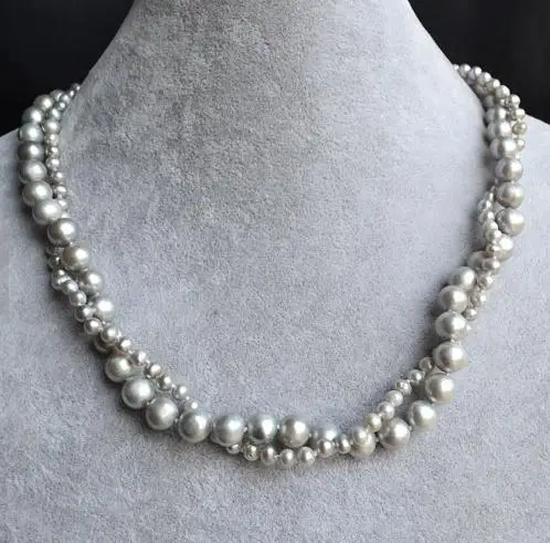 

New Favorite Pearl Wedding Necklace 18 inches 4-8mm 2 Strands Gray Genuine Freshwater Pearl Fine Jewelry Nice Women Gift