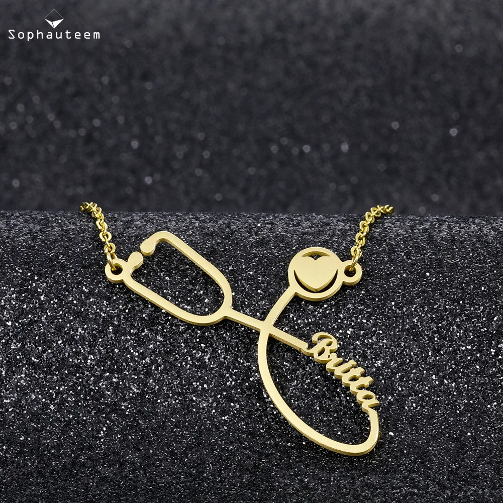 

Personalized Name Necklace Custom Nameplate Necklaces Stainless Steel Gold Chain Stethoscope Necklace For Doctor Nurse Gifts