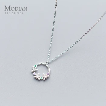 

Modian Circle Round Flower Pendant Necklace for Women 925 Sterling Silver Enamel Charm Design Wedding Jewelry For Women Gifts