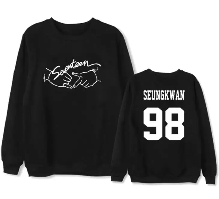 thin Kpop seventeen 17 концертный одноименный принт с круглым вырезом толстовки унисекс флис/тонкий пуловер Свободный свитшот черный - Цвет: thin