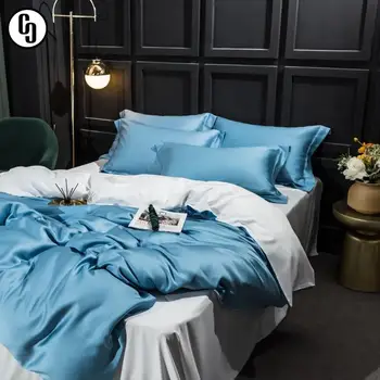 

GXC Beauty 100% Silk Blue Bedding Set 25 Momme Silk Duvet Cover Set Flat Sheet Bed Linen Pillowcase For Home Bed Set 4pcs