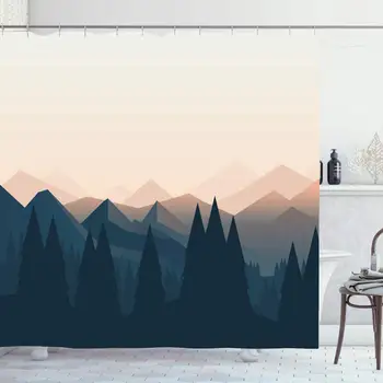 

Shower Curtain Set with Hooks 72x72 Forest Layout Sky Mountain Geometry Abstract Minimalist Foggy Style Sunrise Nature Trees